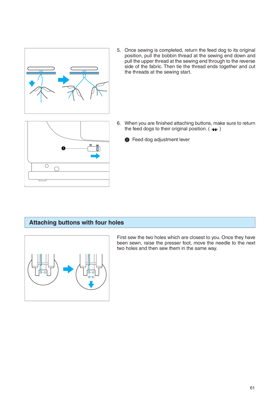 Brother PE 400D operation manual Attaching buttons with four holes 