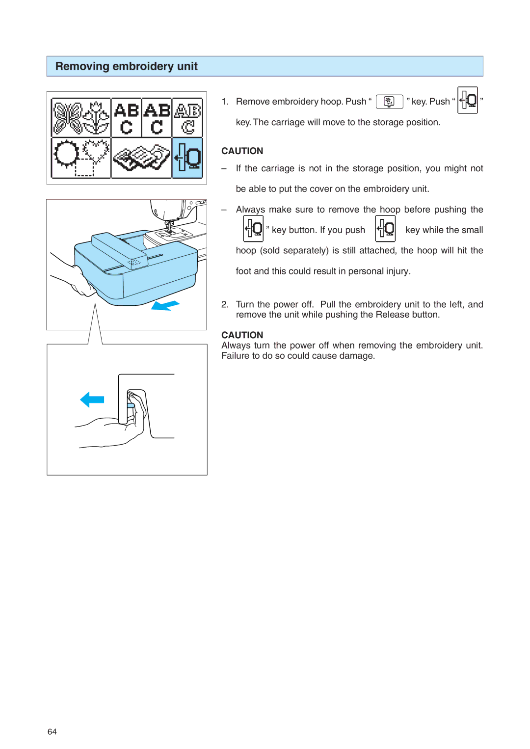 Brother PE 400D operation manual Removing embroidery unit 