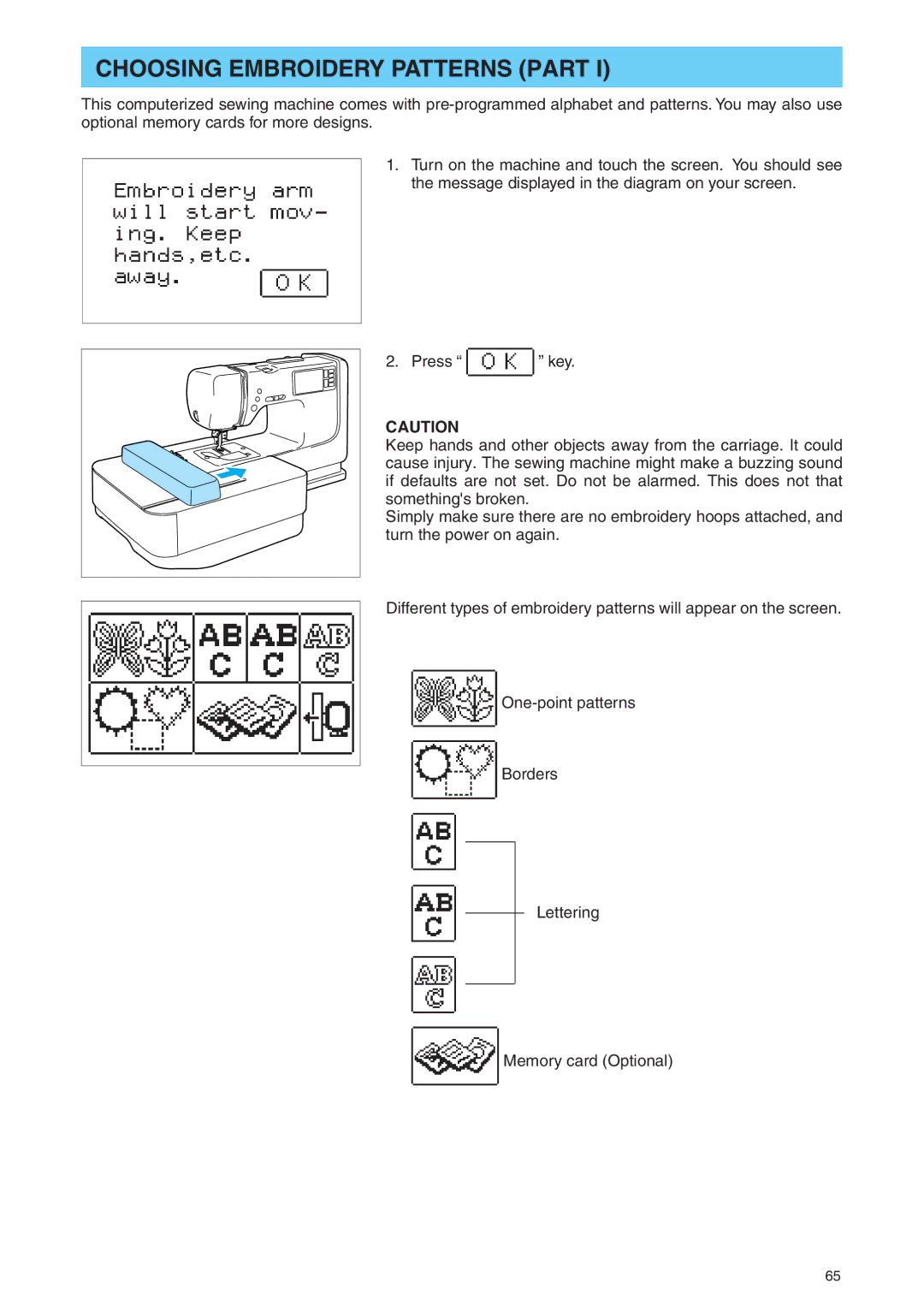 Brother PE 400D operation manual Choosing Embroidery Patterns Part 