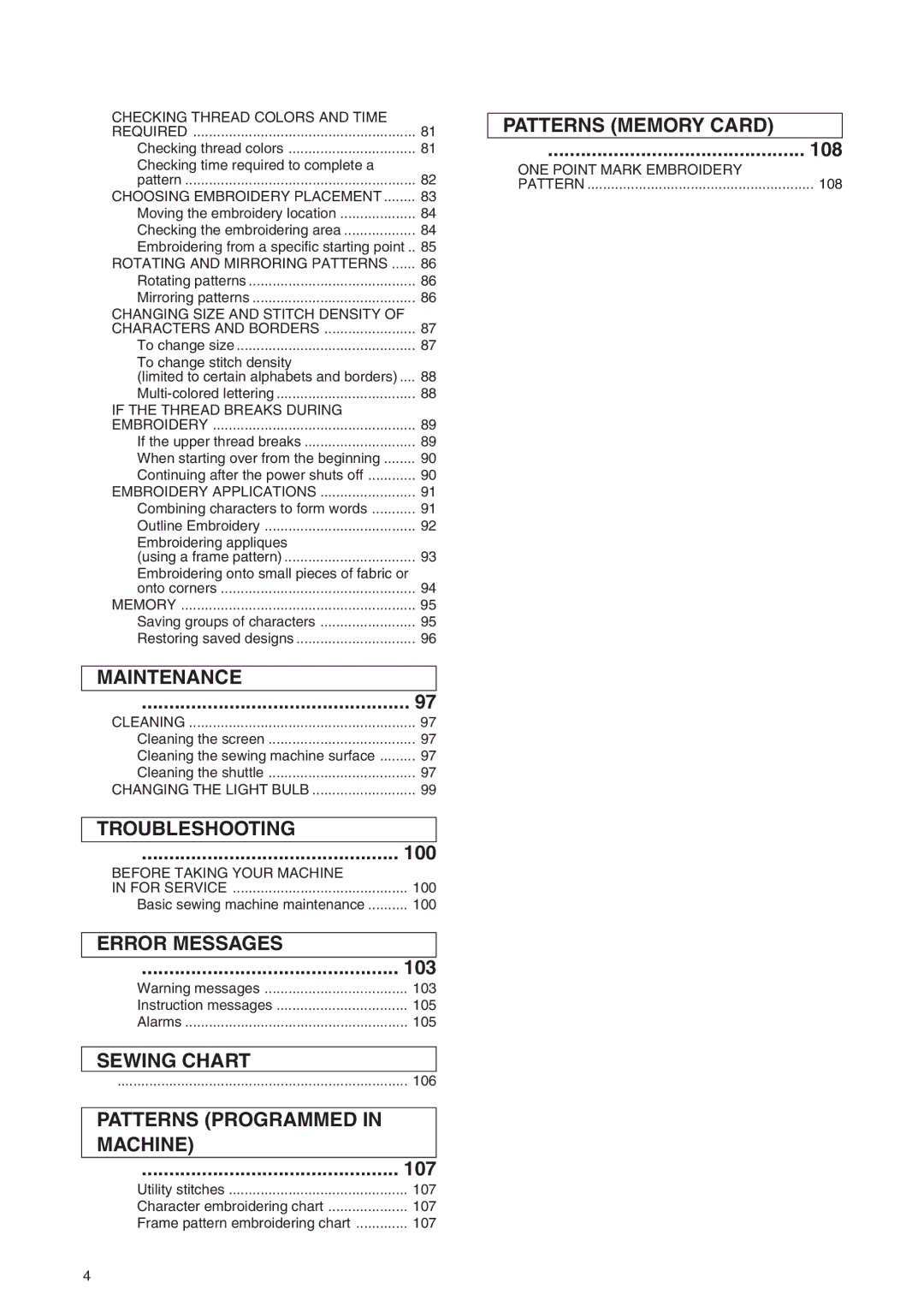 Brother PE 400D operation manual 100, 103, 107, 108 