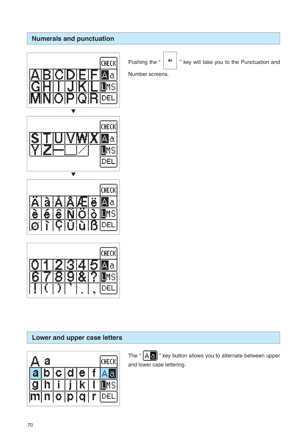 Brother PE 400D operation manual Numerals and punctuation, Lower and upper case letters 