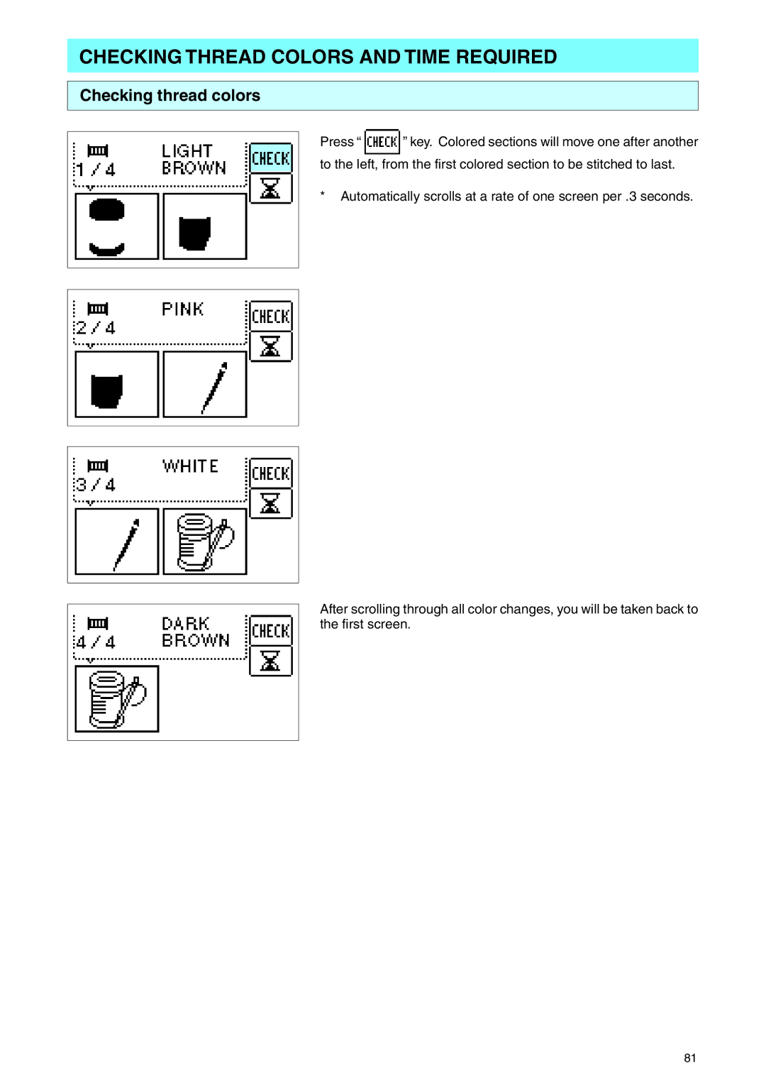 Brother PE 400D operation manual Checking Thread Colors and Time Required, Checking thread colors 