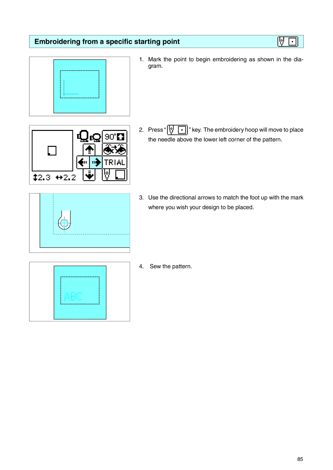 Brother PE 400D operation manual Embroidering from a specific starting point 