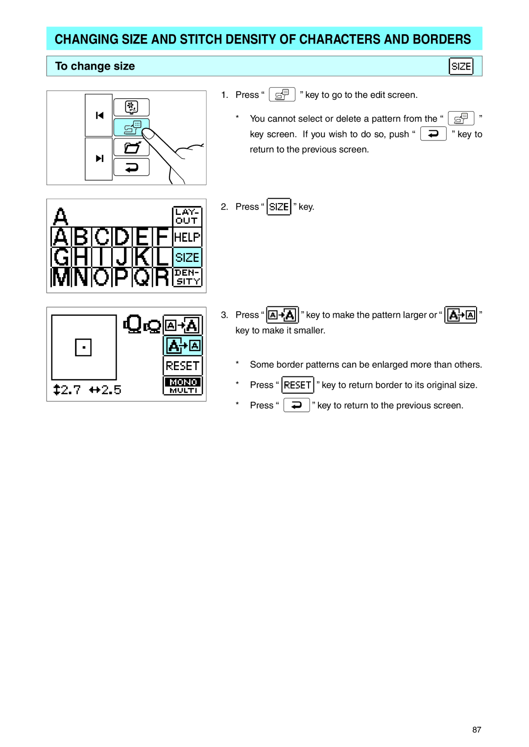 Brother PE 400D operation manual Changing Size and Stitch Density of Characters and Borders, To change size 