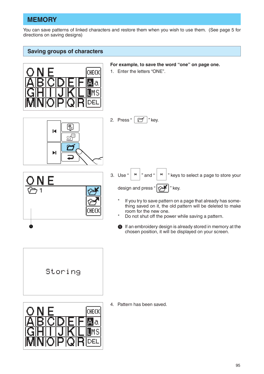 Brother PE 400D operation manual Memory, Saving groups of characters, For example, to save the word one on page one 