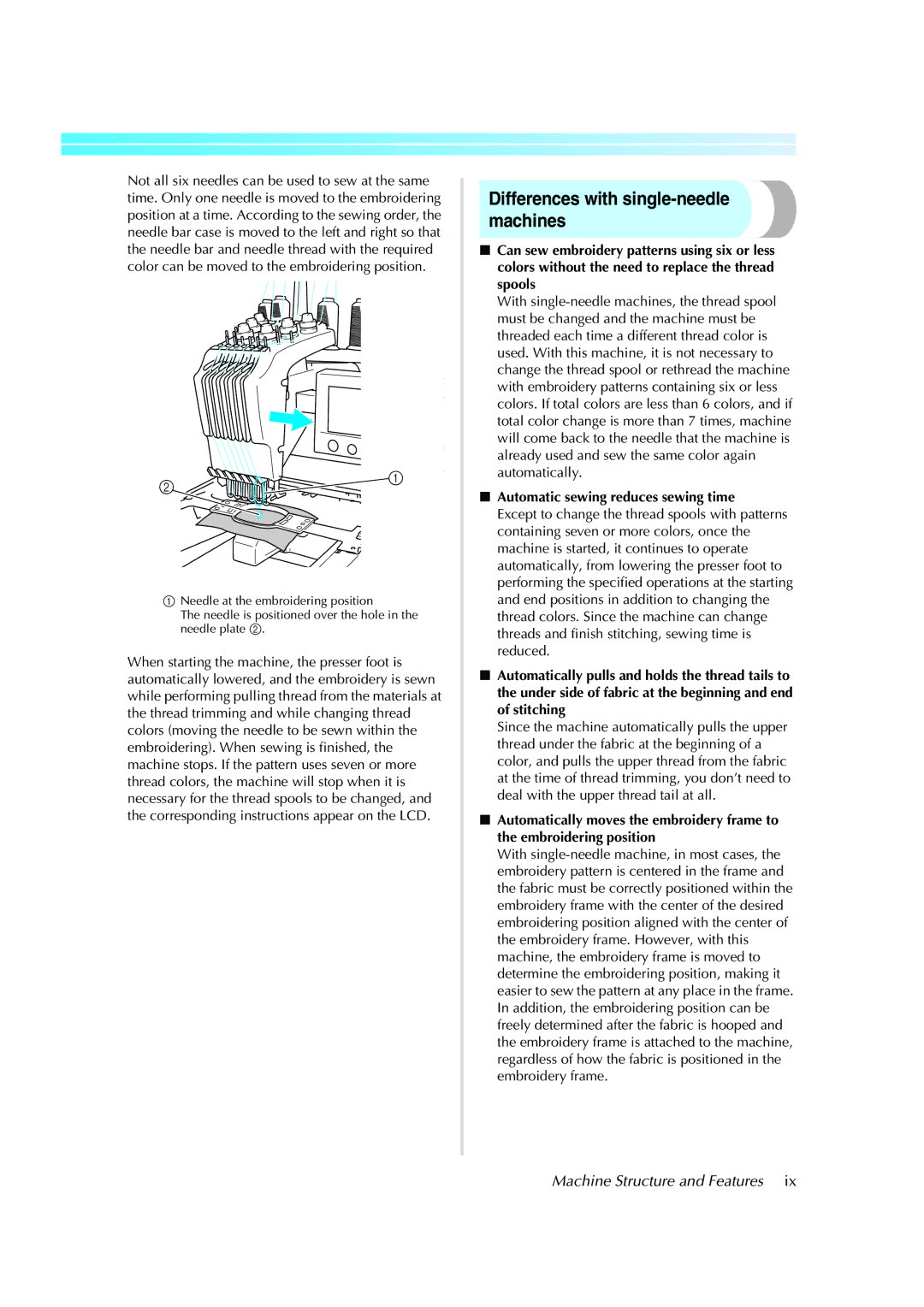 Brother PE-600II operation manual Differences with single-needle machines, Machine Structure and Features 