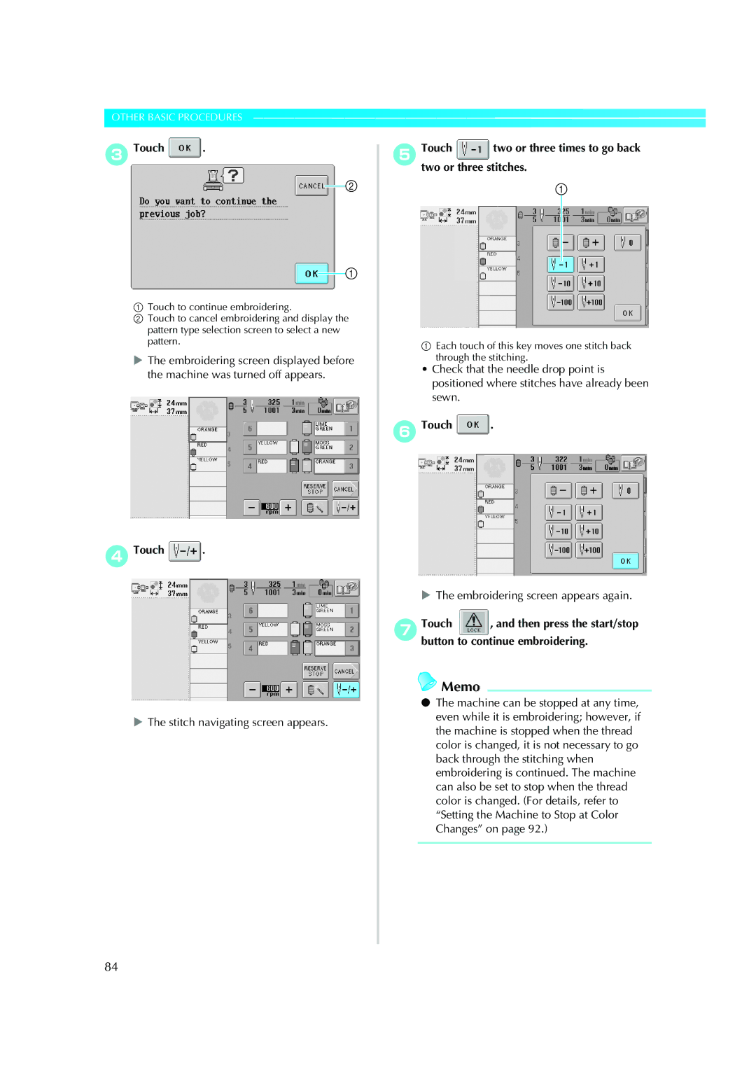 Brother PE-600II operation manual Embroidering screen displayed before, Sewn, Machine can be stopped at any time 