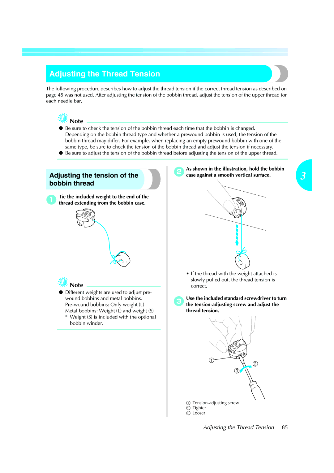 Brother PE-600II operation manual Adjusting the Thread Tension, Adjusting the tension of the bobbin thread 