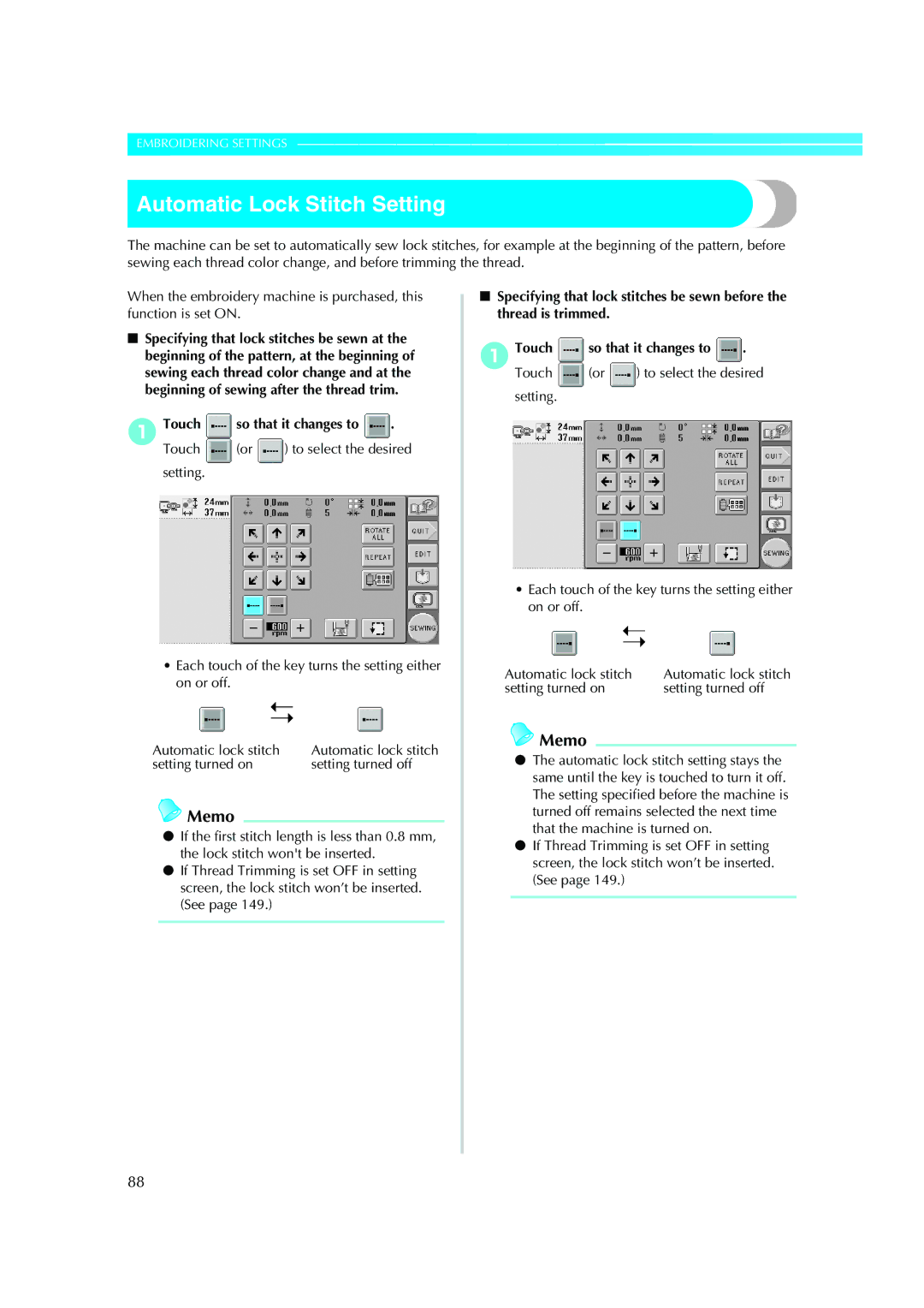 Brother PE-600II Automatic Lock Stitch Setting, 1Touch So that it changes to, Setting turned on Setting turned off 