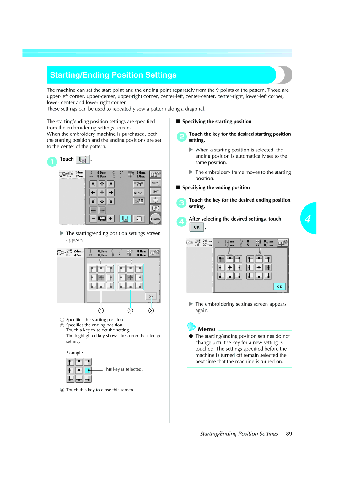 Brother PE-600II operation manual Starting/Ending Position Settings, Starting/ending position settings screen appears 