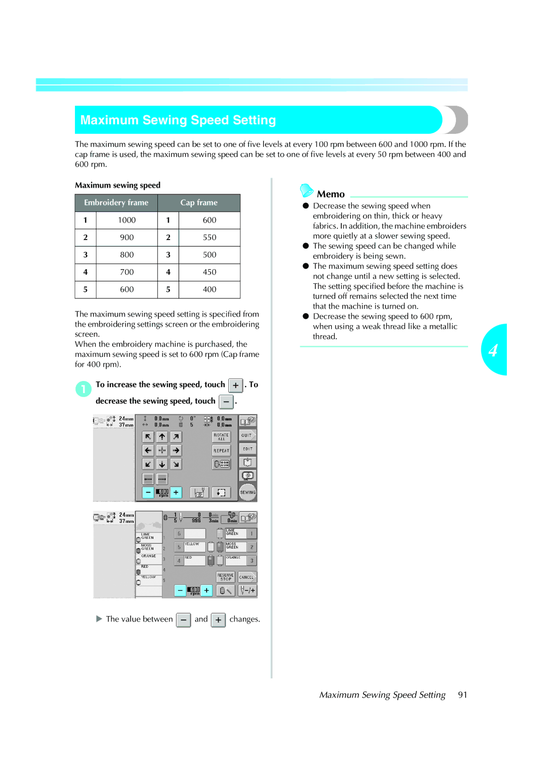 Brother PE-600II operation manual Maximum Sewing Speed Setting 