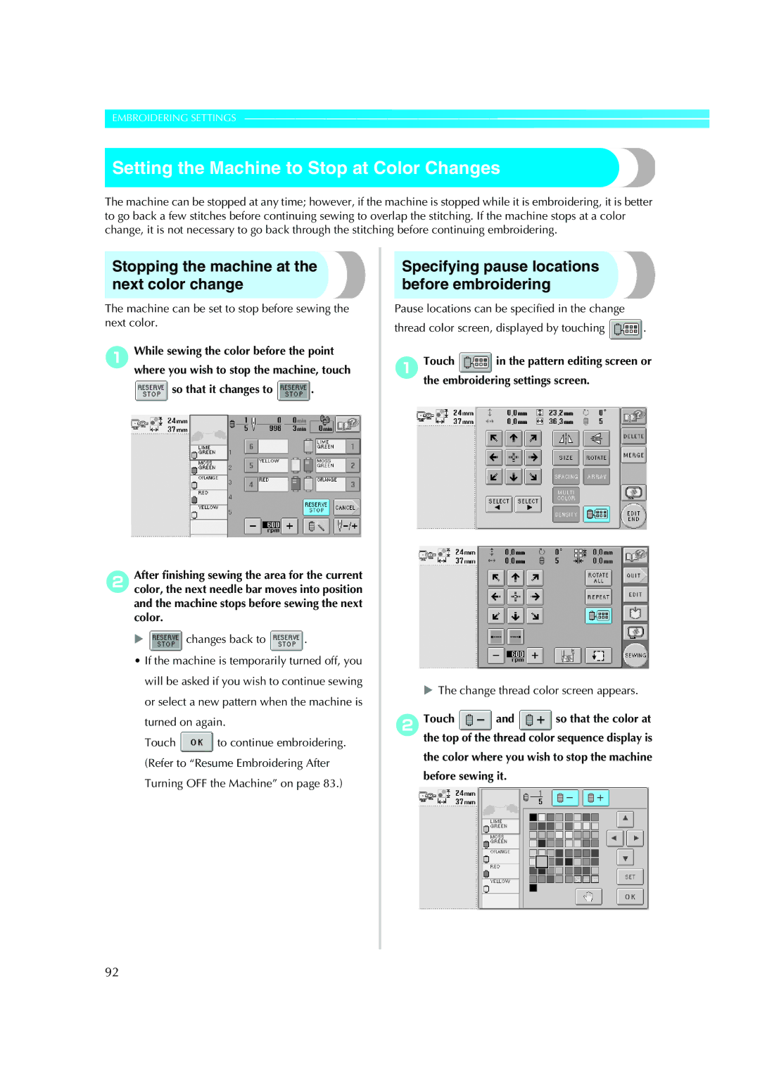 Brother PE-600II Setting the Machine to Stop at Color Changes, Stopping the machine at the next color change 