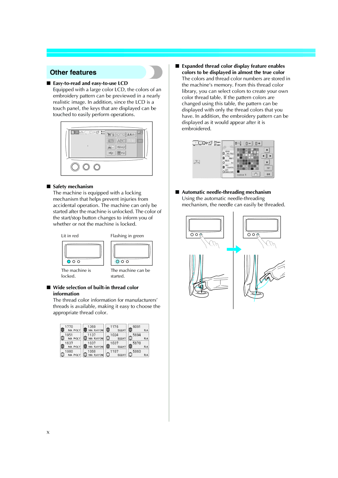 Brother PE-600II operation manual Other features, Easy-to-read and easy-to-use LCD, Safety mechanism 