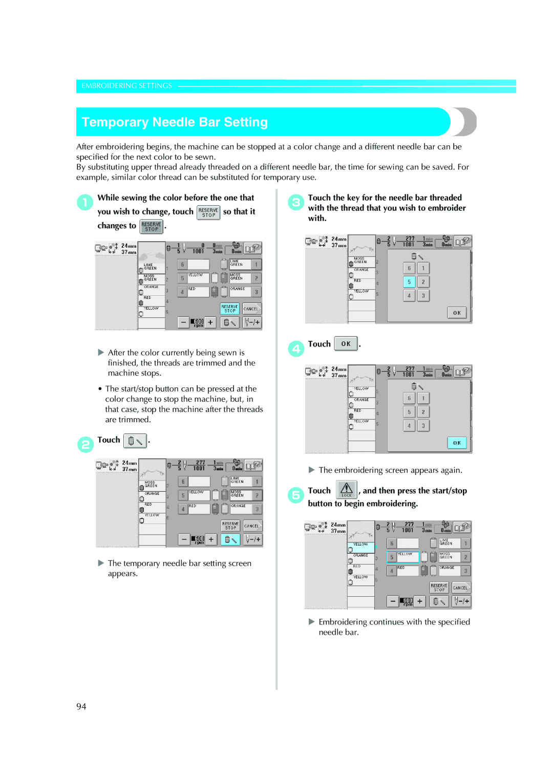 Brother PE-600II operation manual Temporary Needle Bar Setting, Embroidering screen appears again 