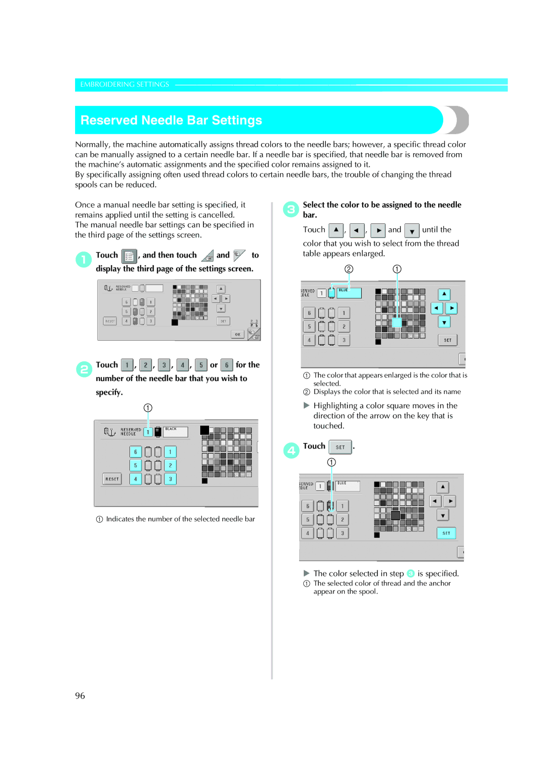 Brother PE-600II operation manual Reserved Needle Bar Settings, 3Selectbar. the color to be assigned to the needle 