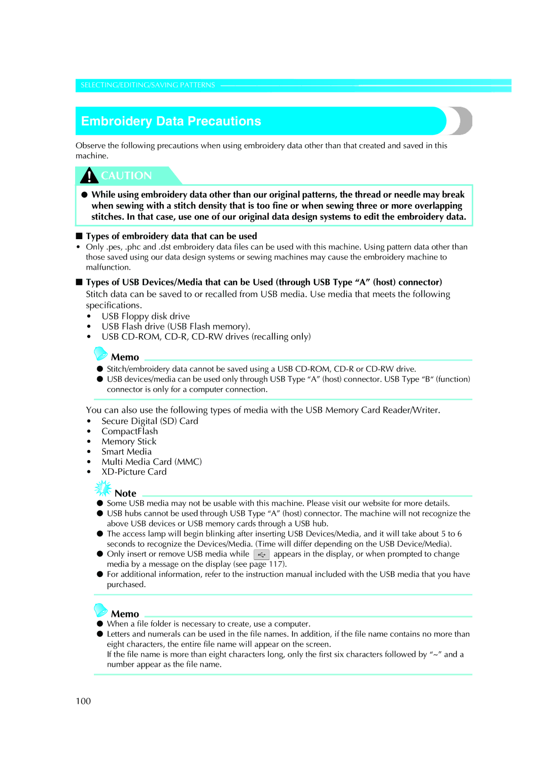 Brother PE-600II operation manual Embroidery Data Precautions, 100 