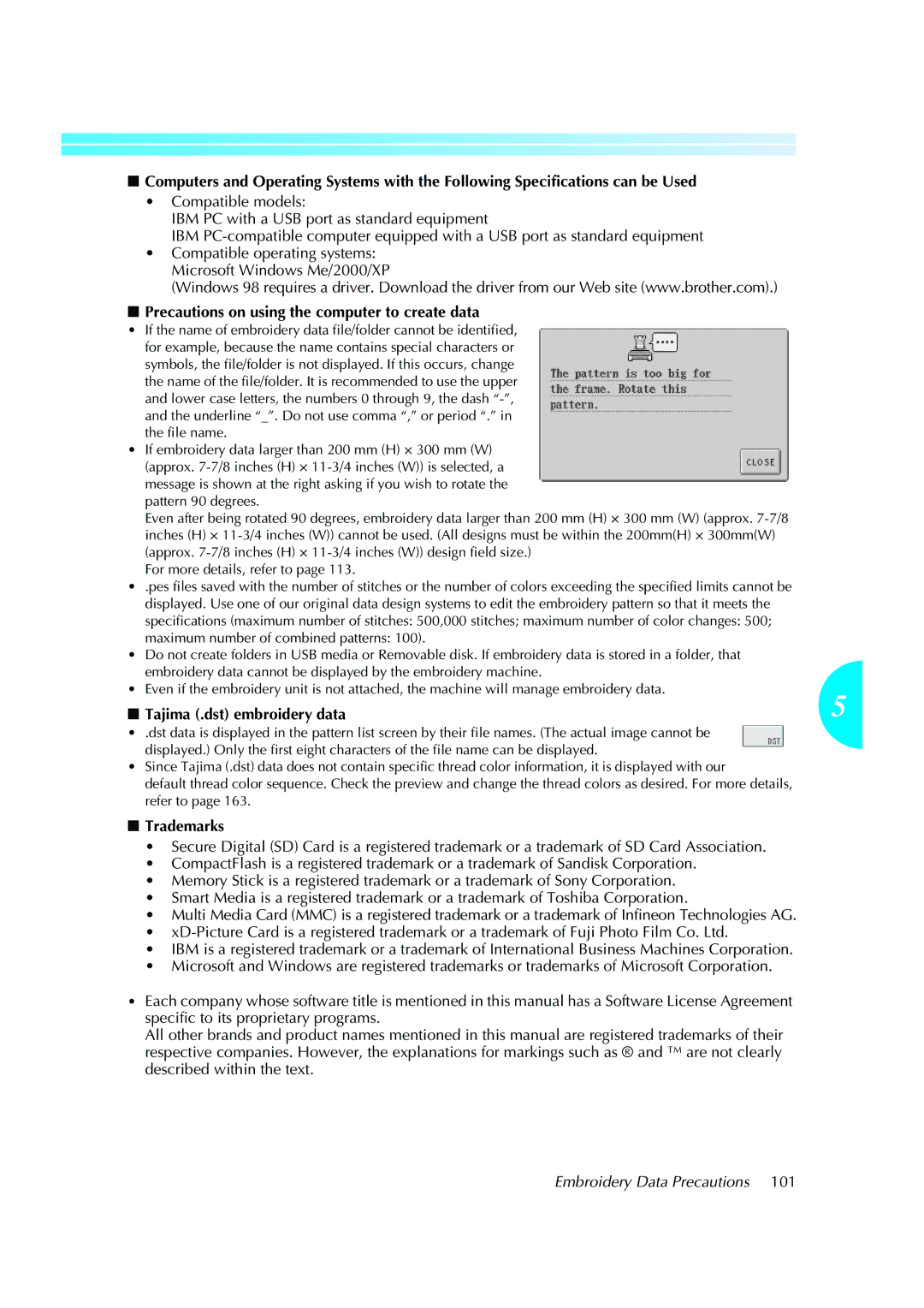 Brother PE-600II operation manual Precautions on using the computer to create data, Embroidery Data Precautions 