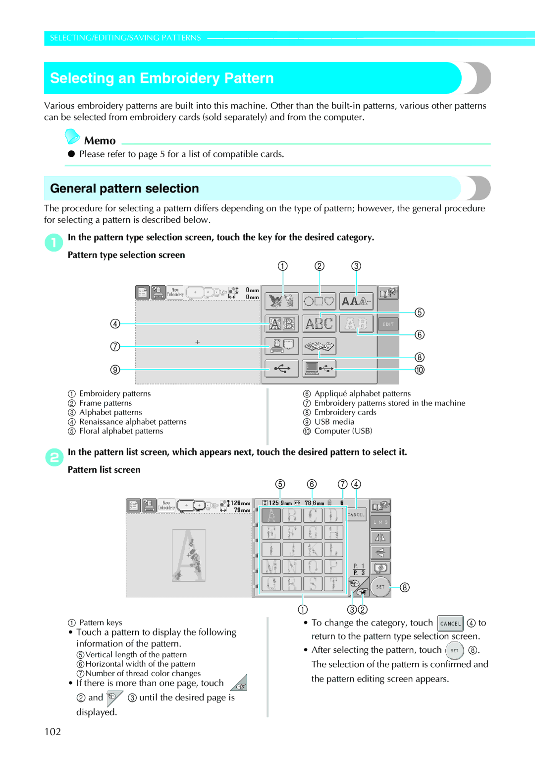 Brother PE-600II operation manual General pattern selection, 102, Please refer to page 5 for a list of compatible cards 