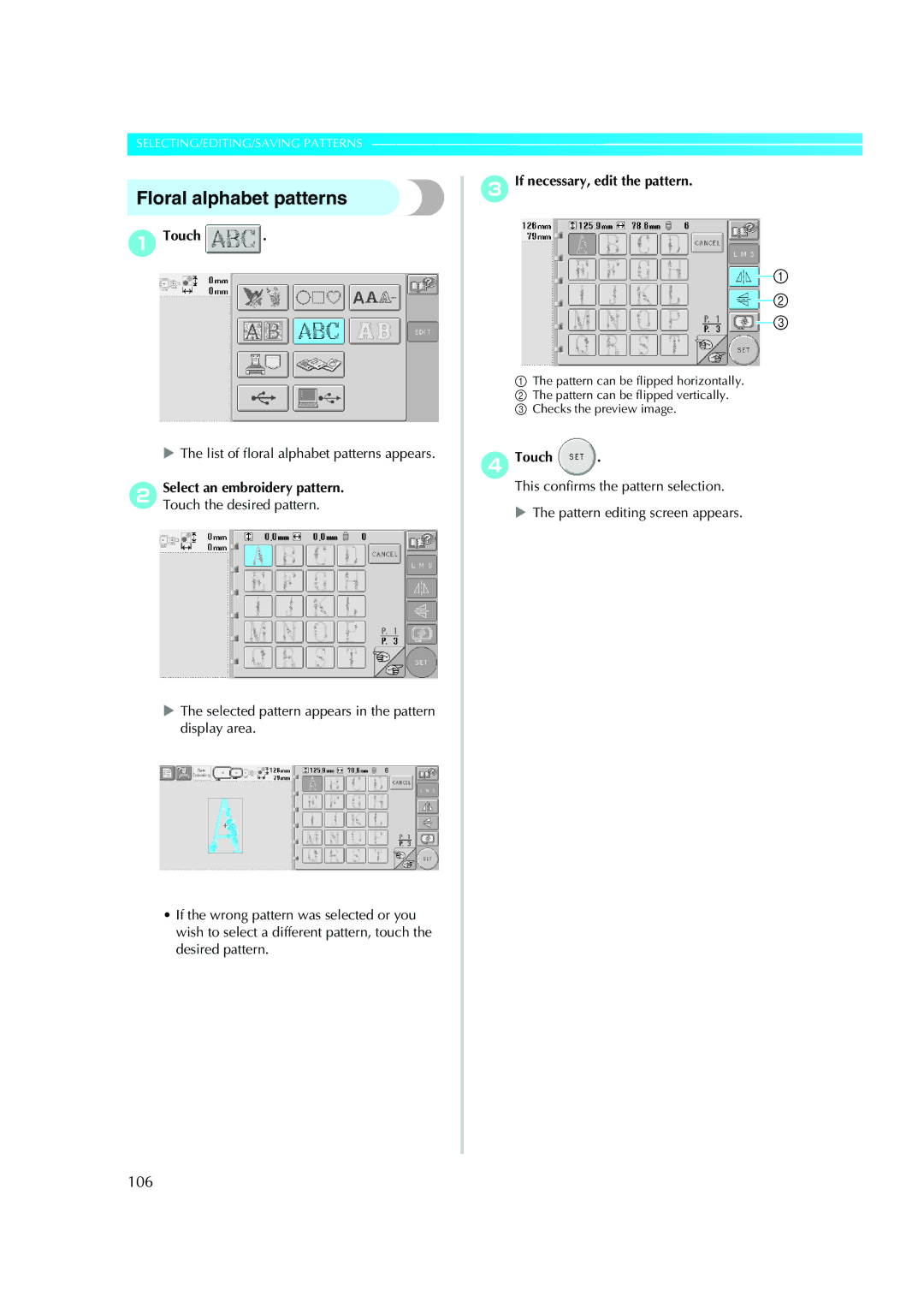 Brother PE-600II operation manual Floral alphabet patterns, 106, 4Touch Select an embroidery pattern 