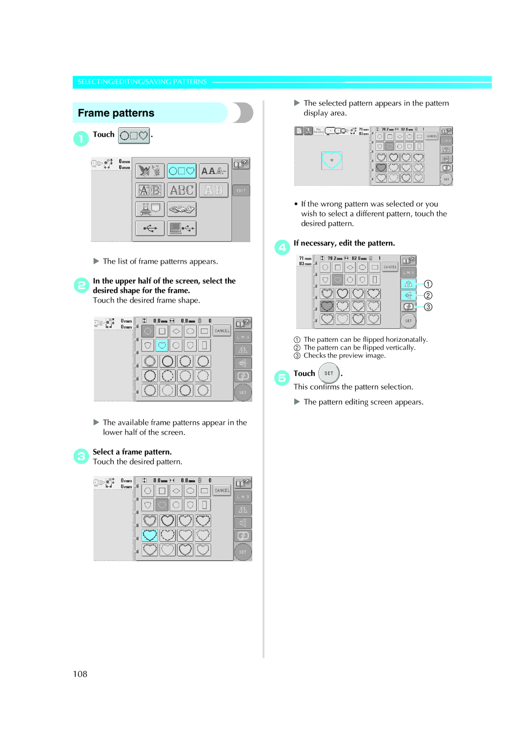 Brother PE-600II operation manual Frame patterns, 108, List of frame patterns appears 