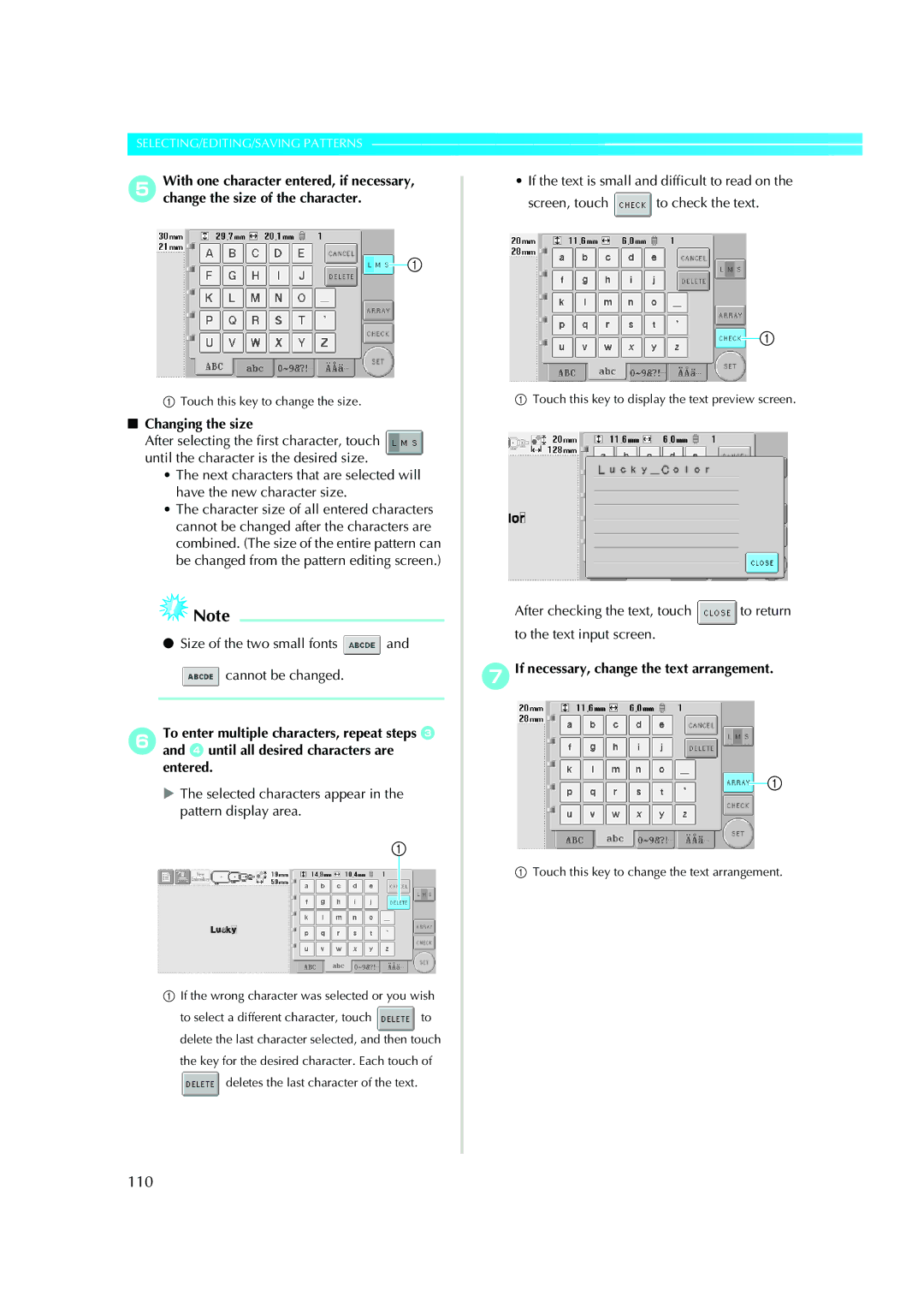 Brother PE-600II operation manual 110, Changing the size, Size of the two small fonts Cannot be changed 