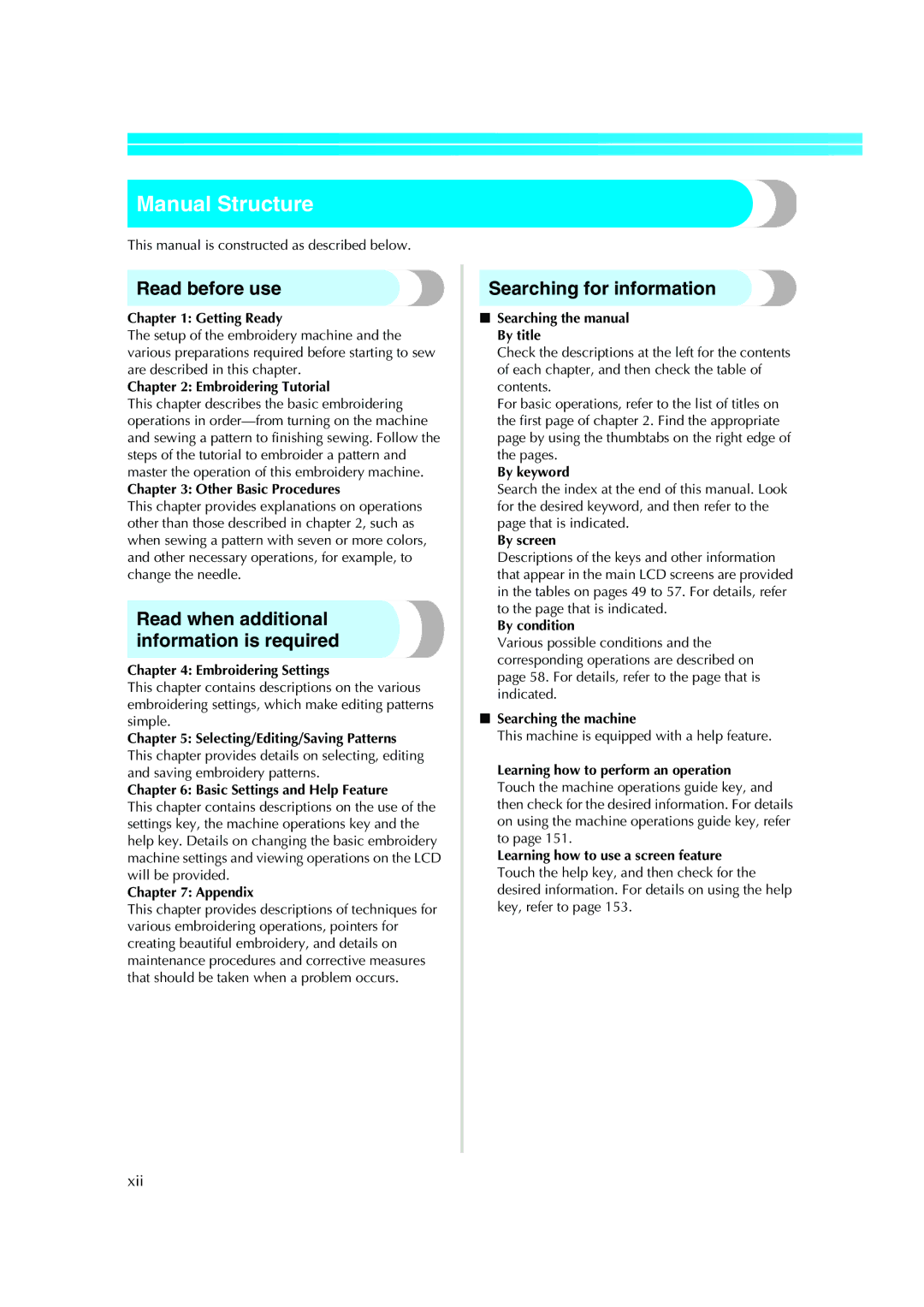 Brother PE-600II operation manual Manual Structure, Read before use, Read when additional information is required, Xii 