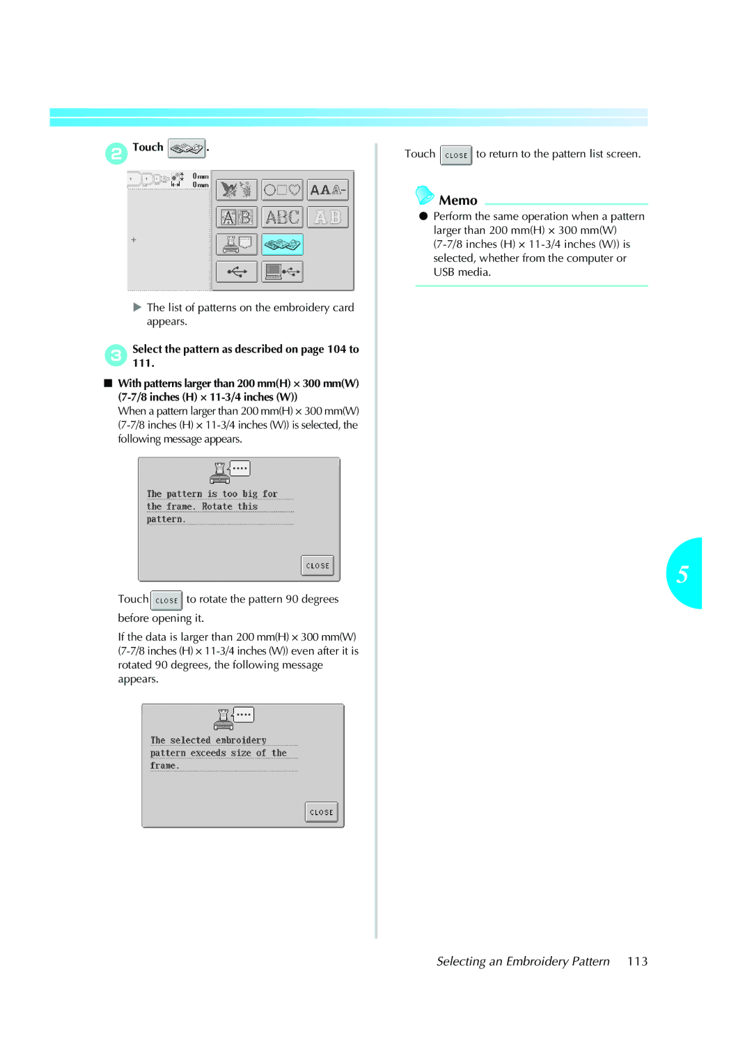 Brother PE-600II operation manual List of patterns on the embroidery card appears 