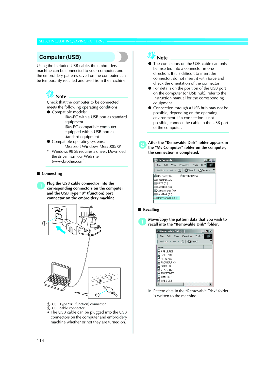 Brother PE-600II operation manual Computer USB, 114, Connecting 