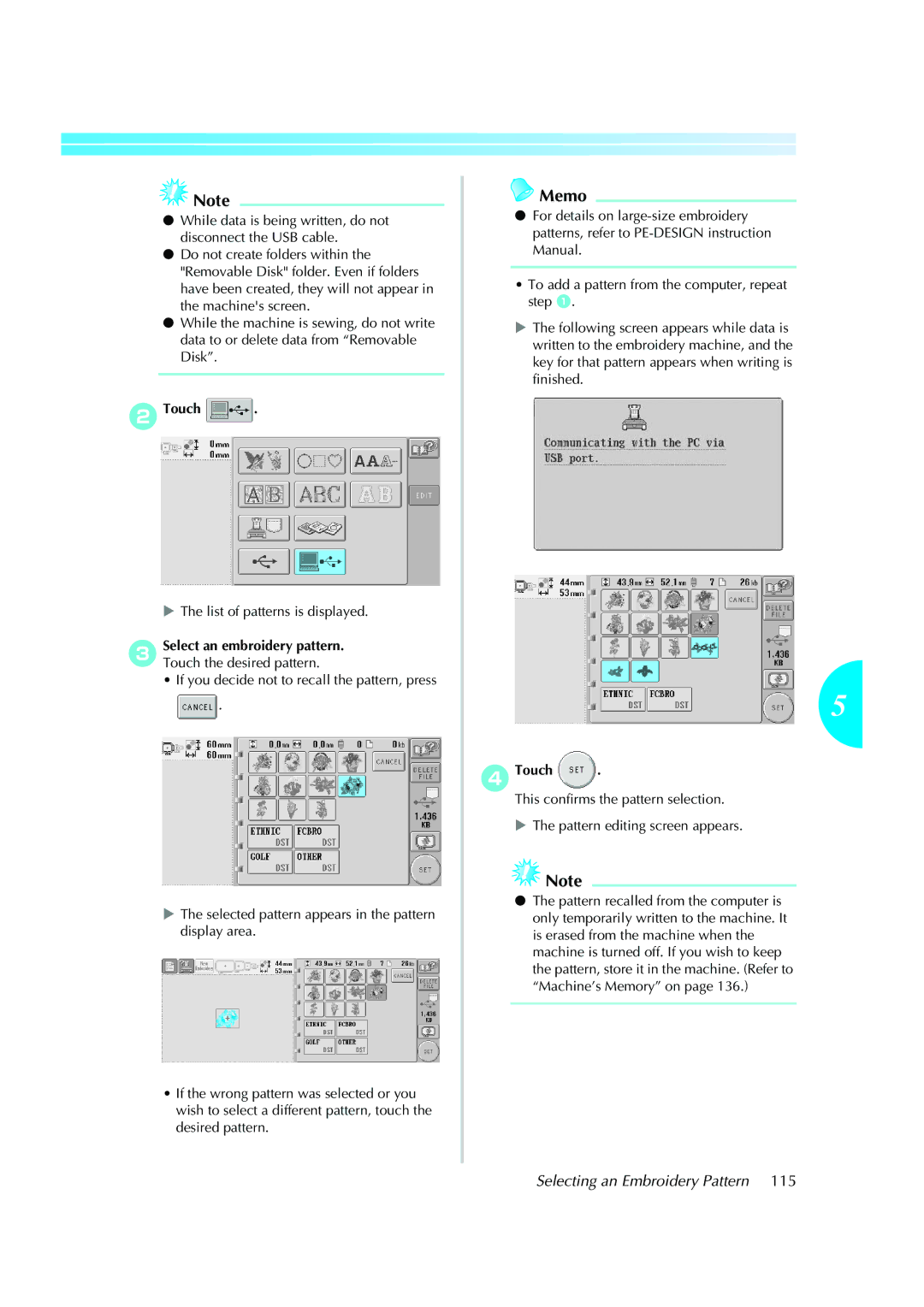 Brother PE-600II operation manual List of patterns is displayed, 3Select an embroidery pattern. Touch the desired pattern 