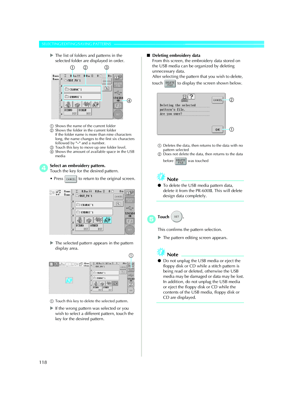 Brother PE-600II operation manual 118, Deleting embroidery data 