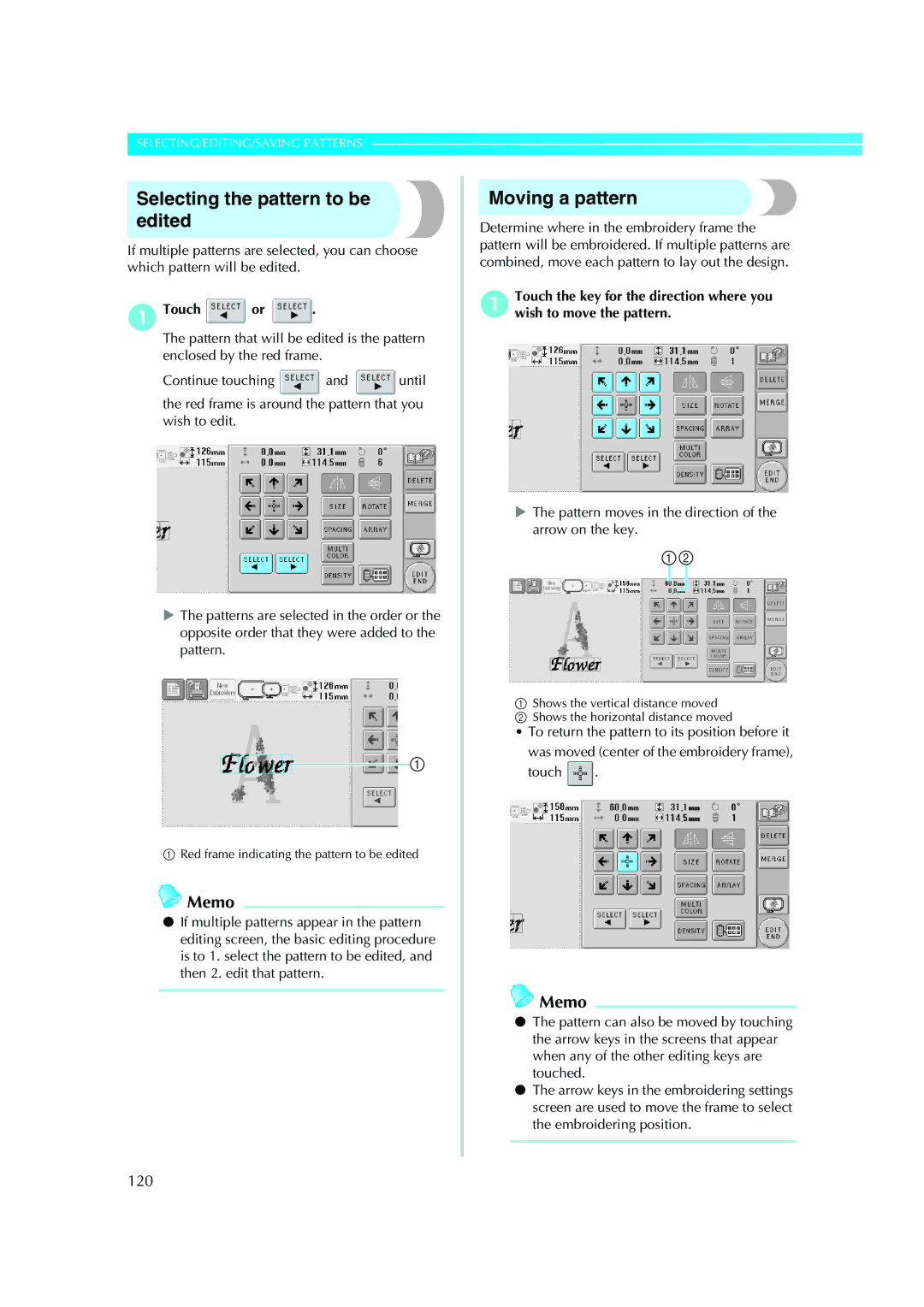 Brother PE-600II operation manual Selecting the pattern to be edited, Moving a pattern, 120, Touch or 