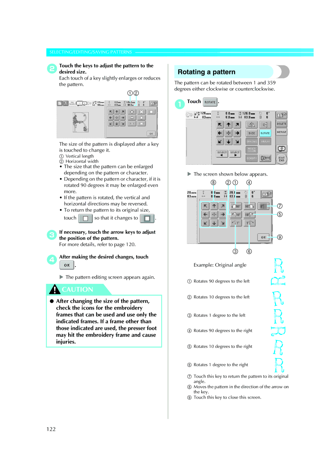 Brother PE-600II operation manual Rotating a pattern, 122, 2Touch the keys to adjust the pattern to the desired size 