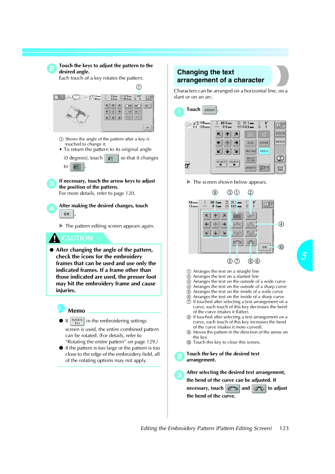 Brother PE-600II operation manual Changing the text arrangement of a character, Screen shown below appears 