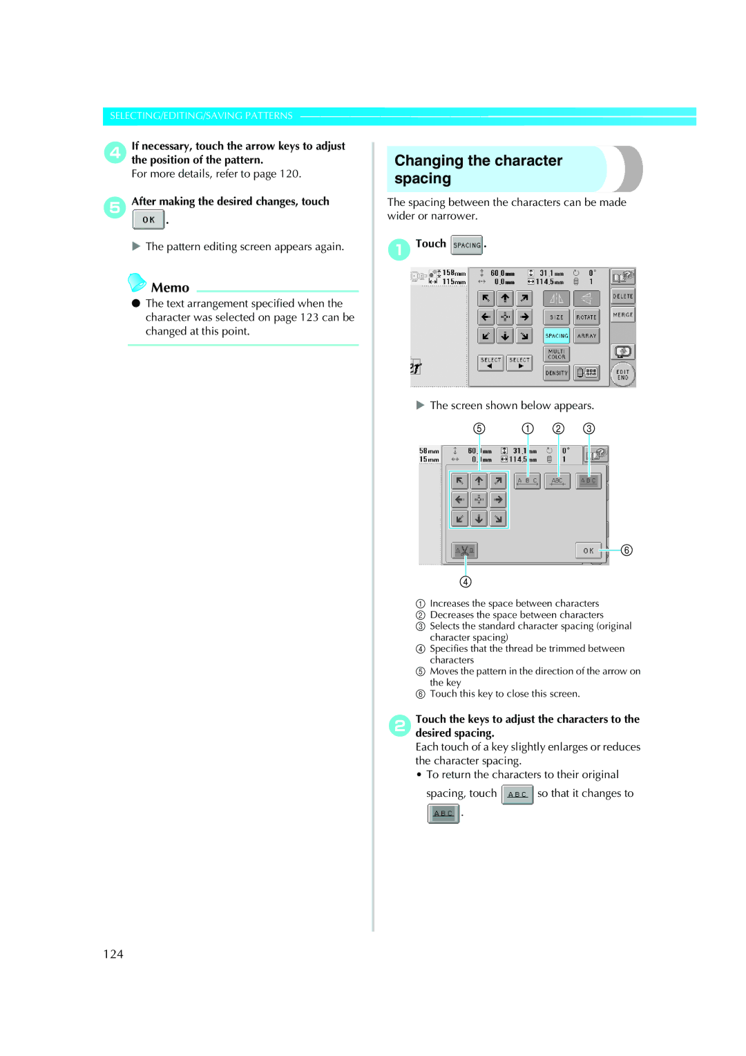 Brother PE-600II operation manual Changing the character spacing, 124 