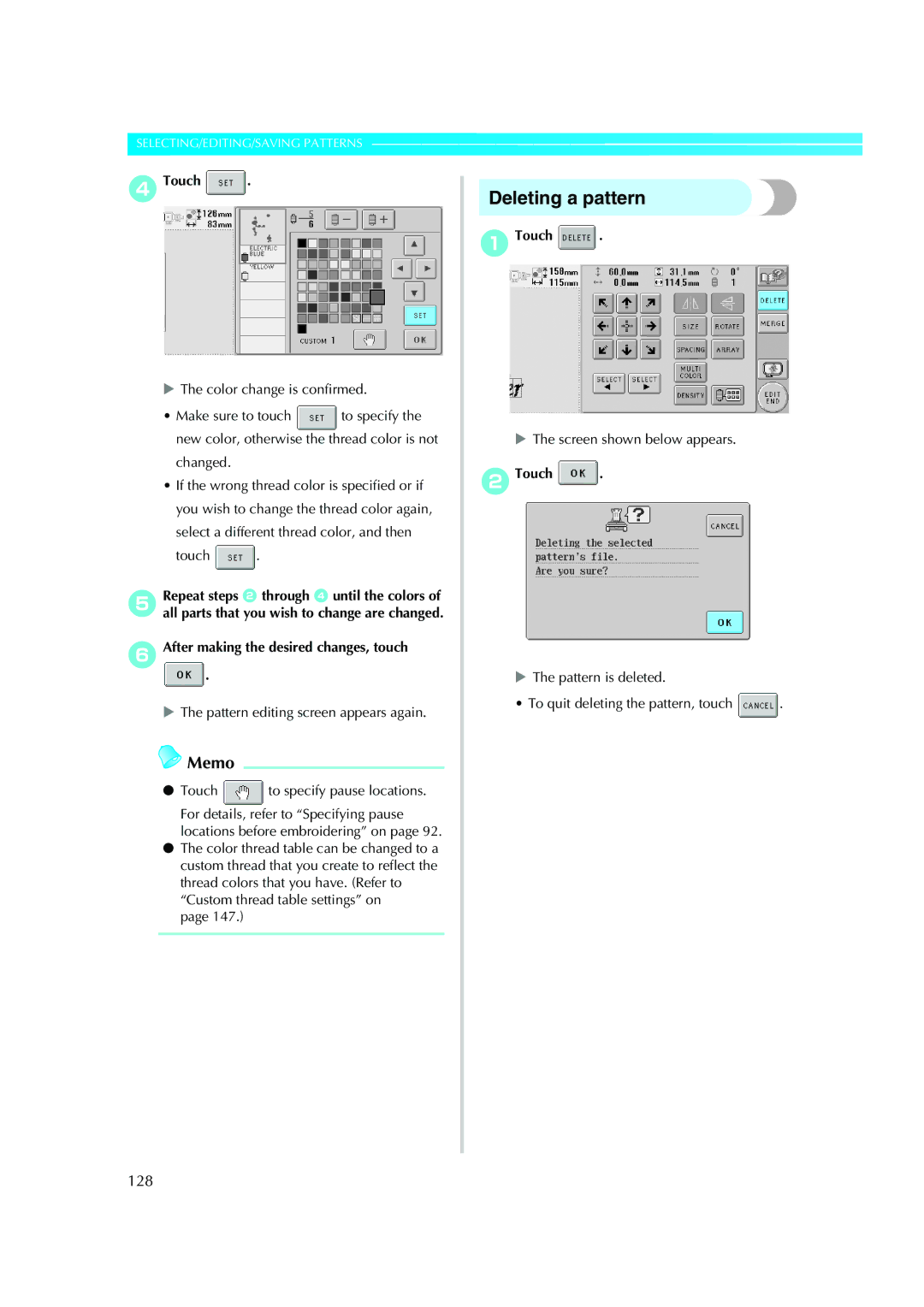 Brother PE-600II operation manual Deleting a pattern, 128 