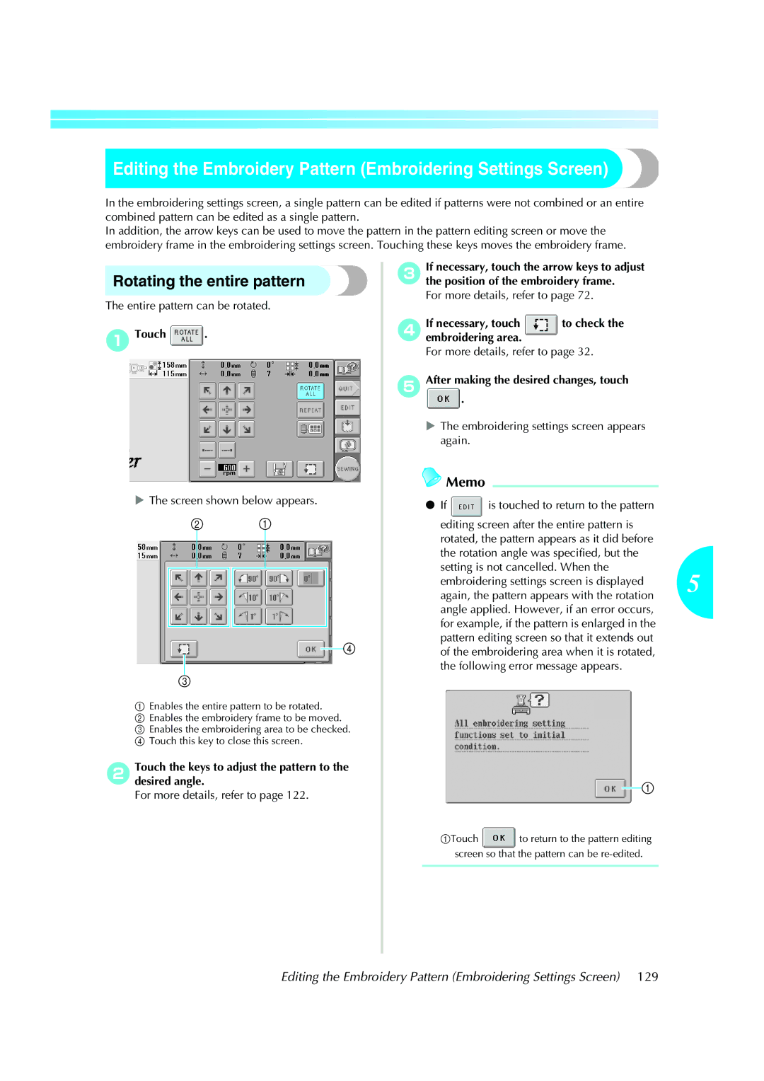 Brother PE-600II operation manual Editing the Embroidery Pattern Embroidering Settings Screen, Rotating the entire pattern 