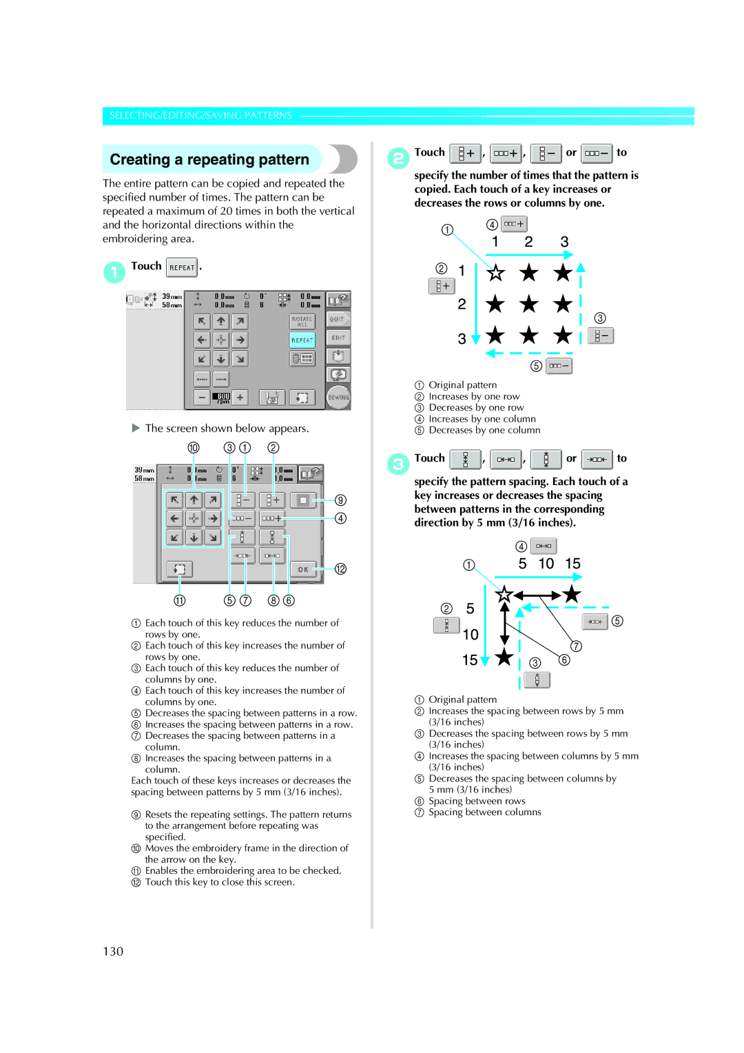 Brother PE-600II operation manual Creating a repeating pattern, 130, 2Touch , , or to, 3Touch , , or to 