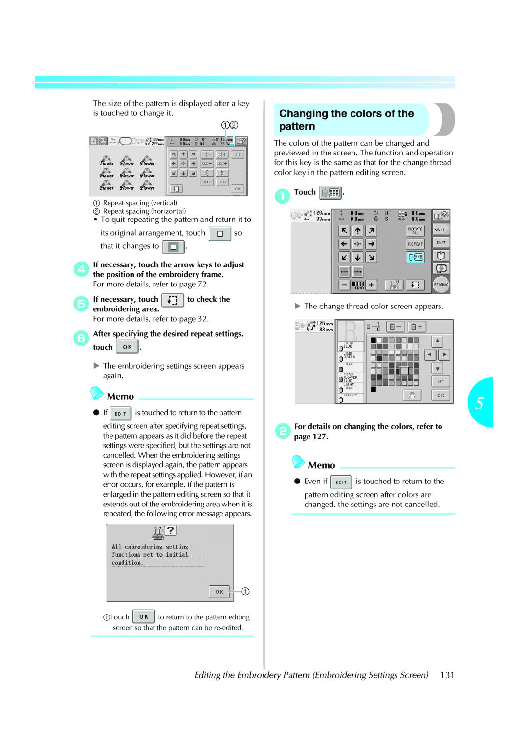 Brother PE-600II operation manual 4If necessary, touch the arrow keys to adjust, 5embroidering area 