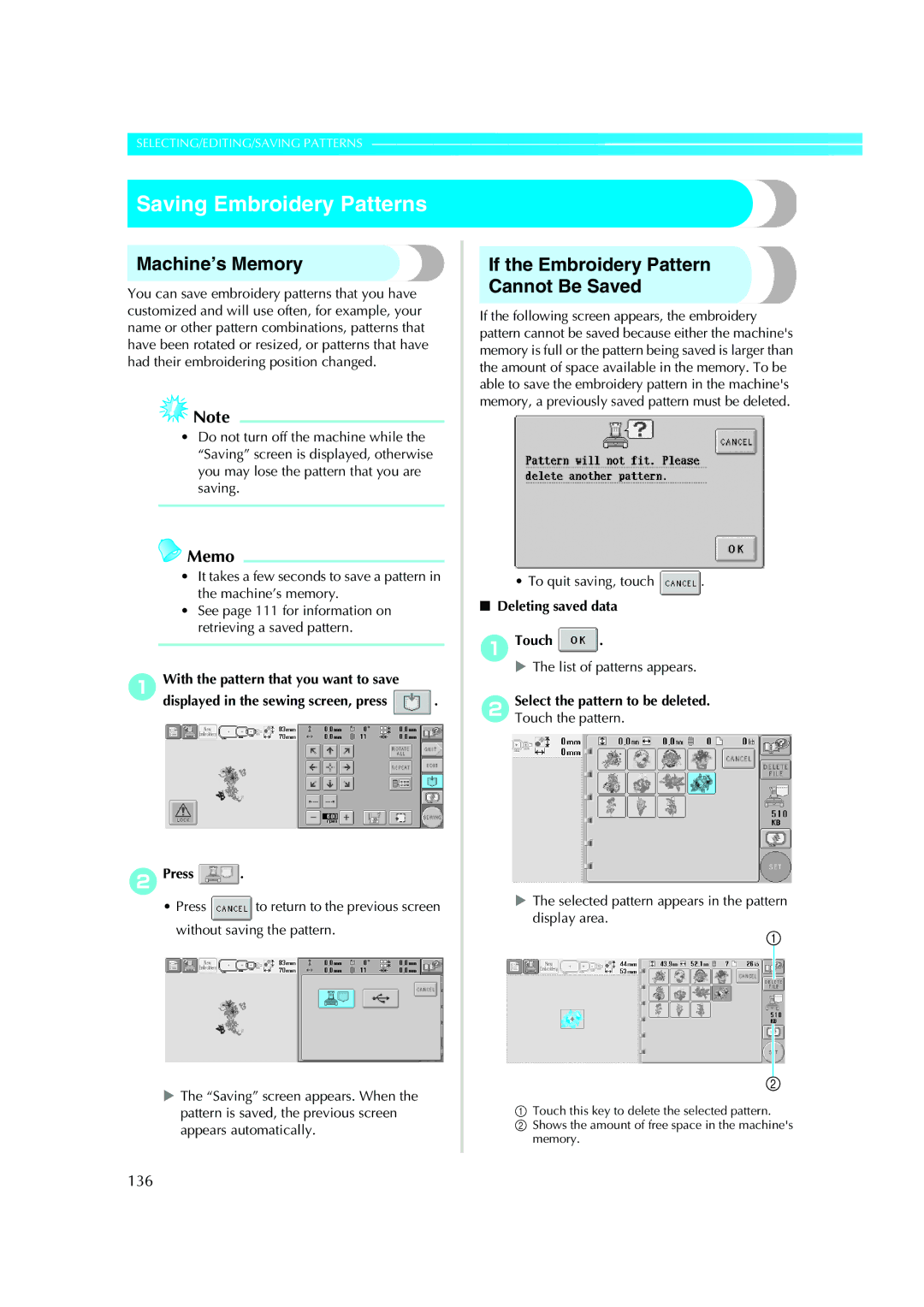 Brother PE-600II Saving Embroidery Patterns, Machine’s Memory, If the Embroidery Pattern Cannot Be Saved, 136 