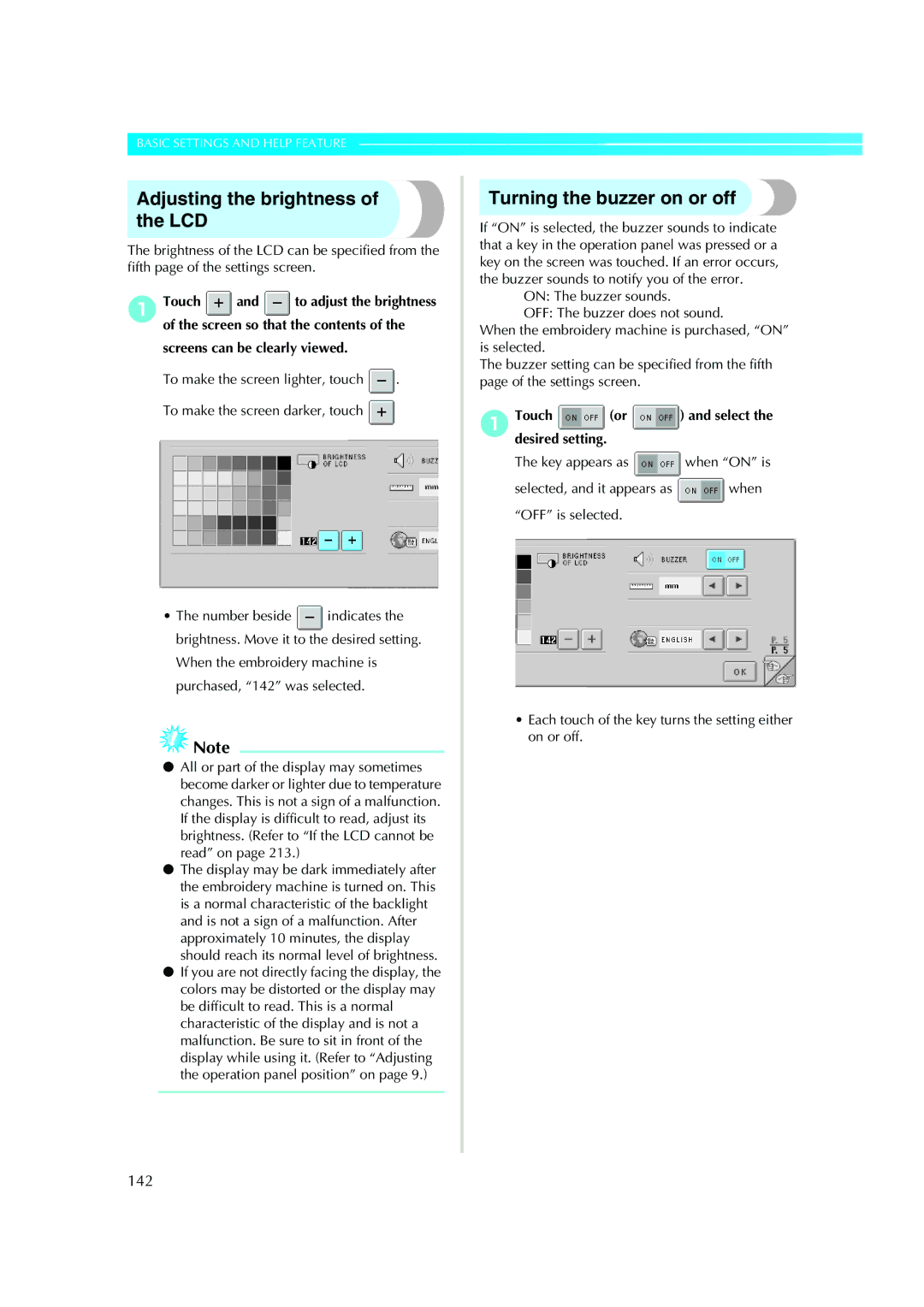 Brother PE-600II operation manual Adjusting the brightness of the LCD, Turning the buzzer on or off, 142 