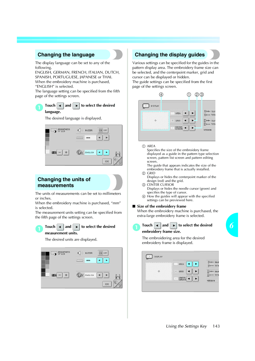 Brother PE-600II operation manual Changing the language, Changing the units of measurements, Changing the display guides 