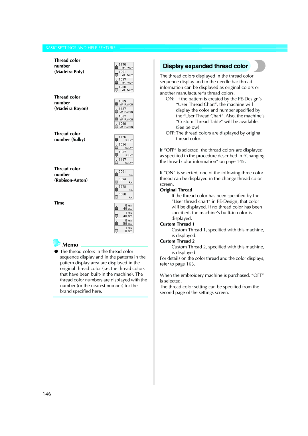 Brother PE-600II Display expanded thread color, 146, Thread color number Robison-Anton Time, Original Thread 