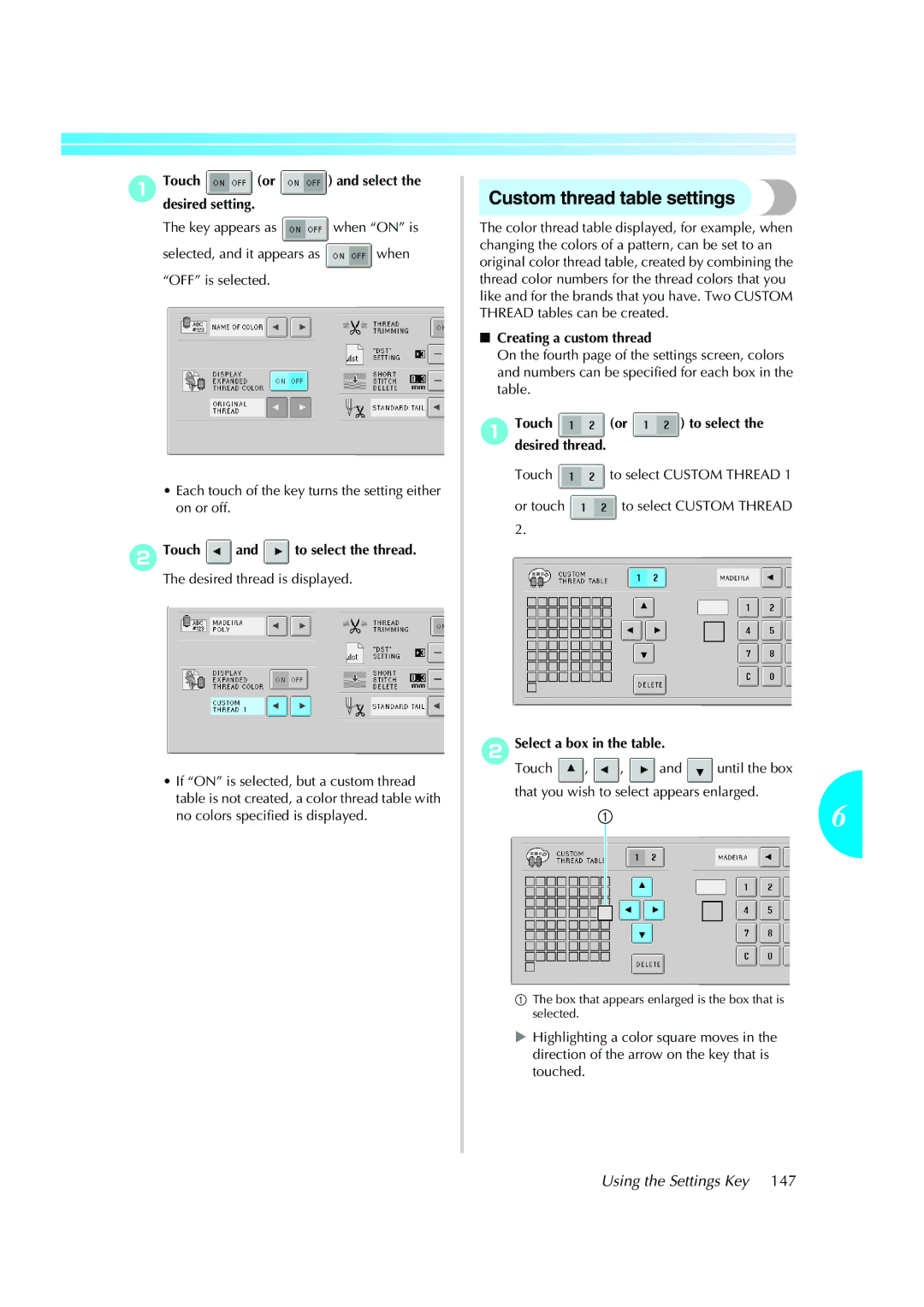 Brother PE-600II operation manual Custom thread table settings, 2Touch and to select the thread, Creating a custom thread 