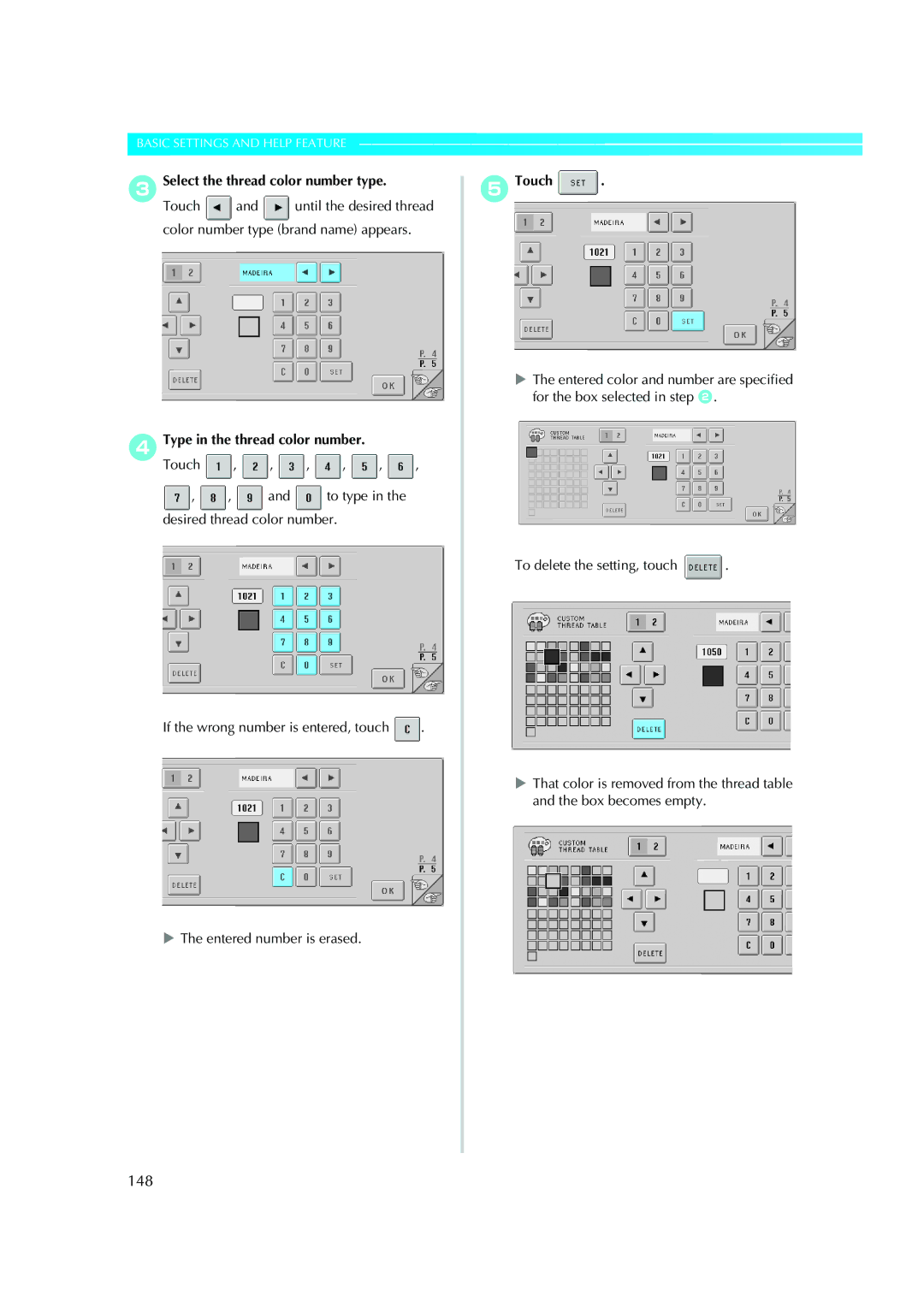 Brother PE-600II operation manual 148, 3Select the thread color number type, 4Type in the thread color number 