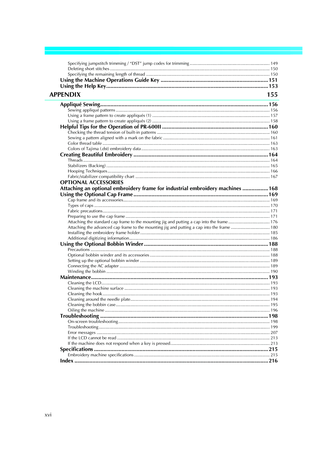 Brother PE-600II operation manual Xvi 