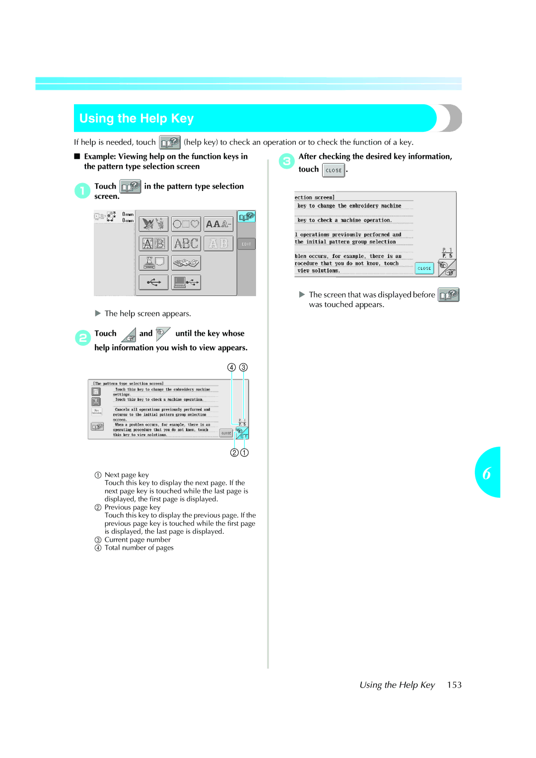 Brother PE-600II operation manual Using the Help Key, Example Viewing help on the function keys 