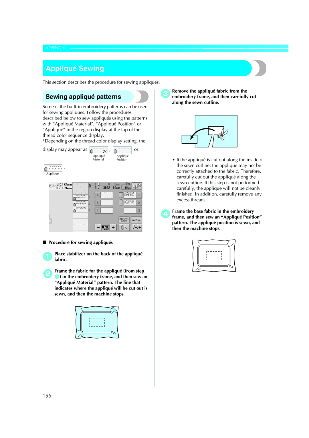 Brother PE-600II operation manual Appliqué Sewing, Sewing appliqué patterns, 156, Procedure for sewing appliqués 