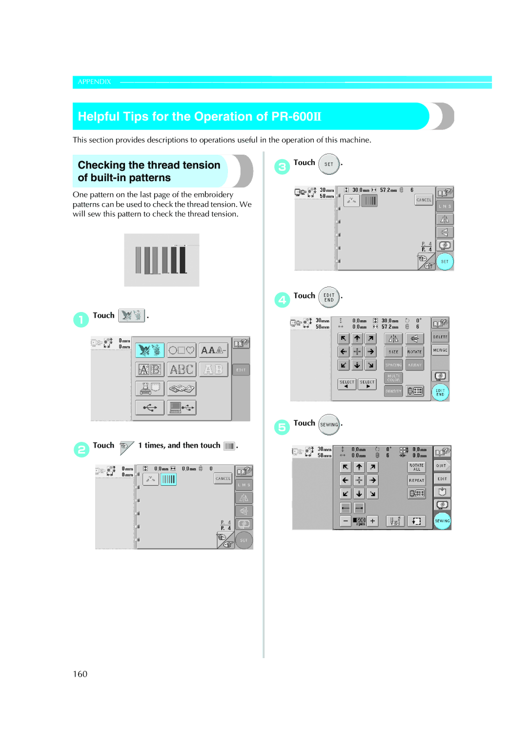 Brother PE-600II Helpful Tips for the Operation of PR-600II, Checking the thread tension of built-in patterns, 160 