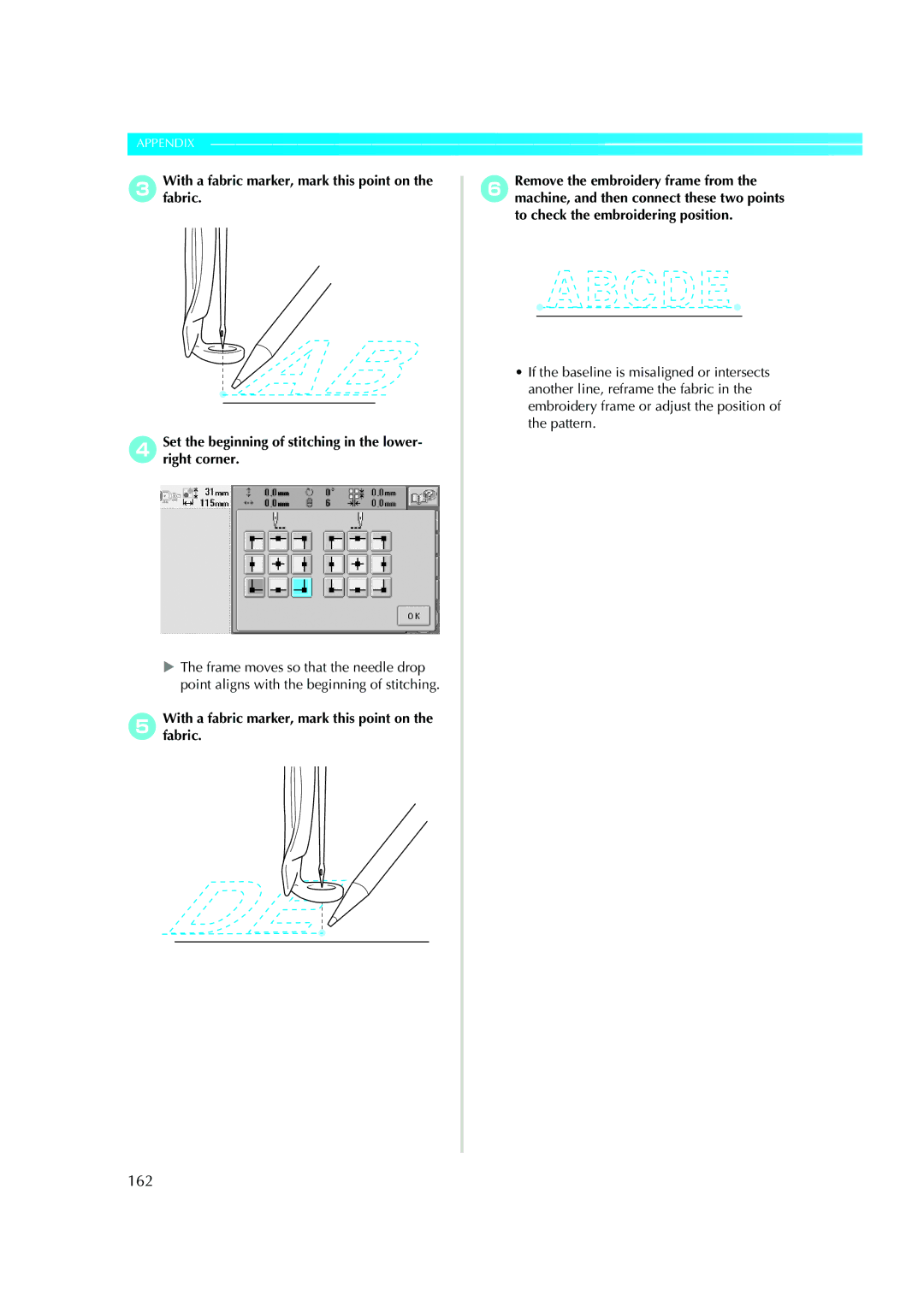 Brother PE-600II operation manual 162, 3Withfabric.a fabric marker, mark this point on 