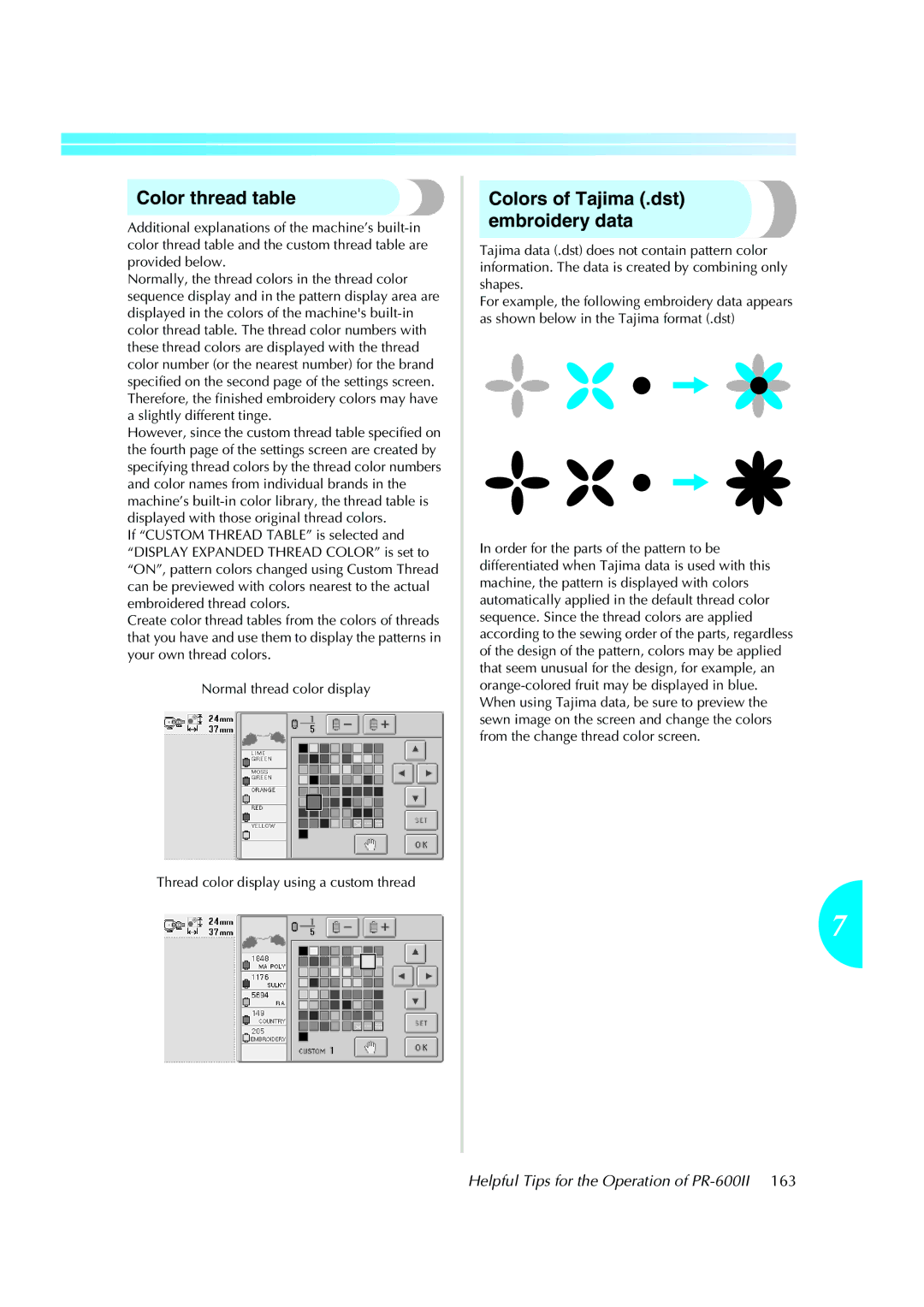 Brother PE-600II operation manual Color thread table, Colors of Tajima .dst embroidery data 